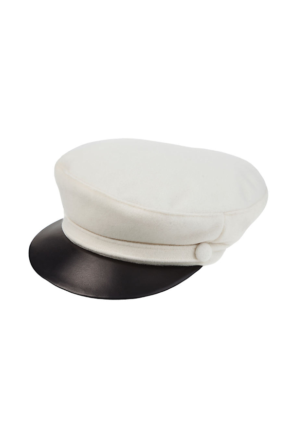 Kate - Baker Boy hat in lana avorio con visiera di pelle nera